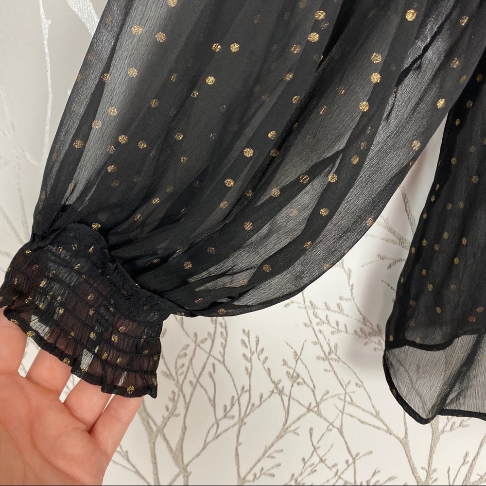 LOFT Sheer Black & Gold Dot Peasant Blouse Ruffle - Picture 3 of 8